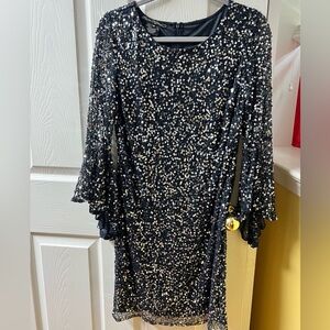 Pisarro Nights Dark Blue and Silver Sequin Sheath Dress sz 10P Gala Prom Petite